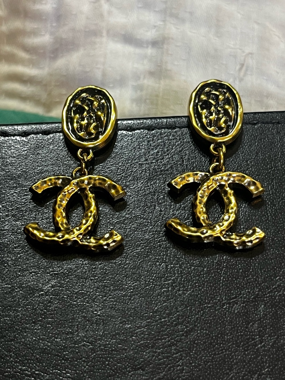 Double C Designer Antiqued Hammered Style Dangle Letter Earrings